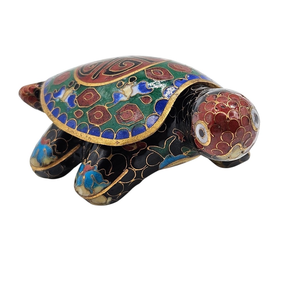 Vintage Cloisonne Turtle Enamel Brass Trinket Box Multicolor Decorative 3 1/2"